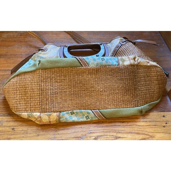 Fossil Patchwork Purse Canvas Rattan Wood Handle Detachable Leather Strap Pocket - Picture 8 of 11